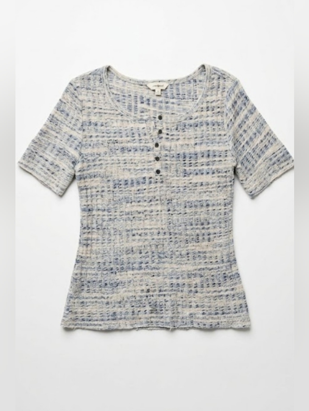 Lucky Brand Textured Knit Top Size Large Blue Cream Smocked Stretch Boho.